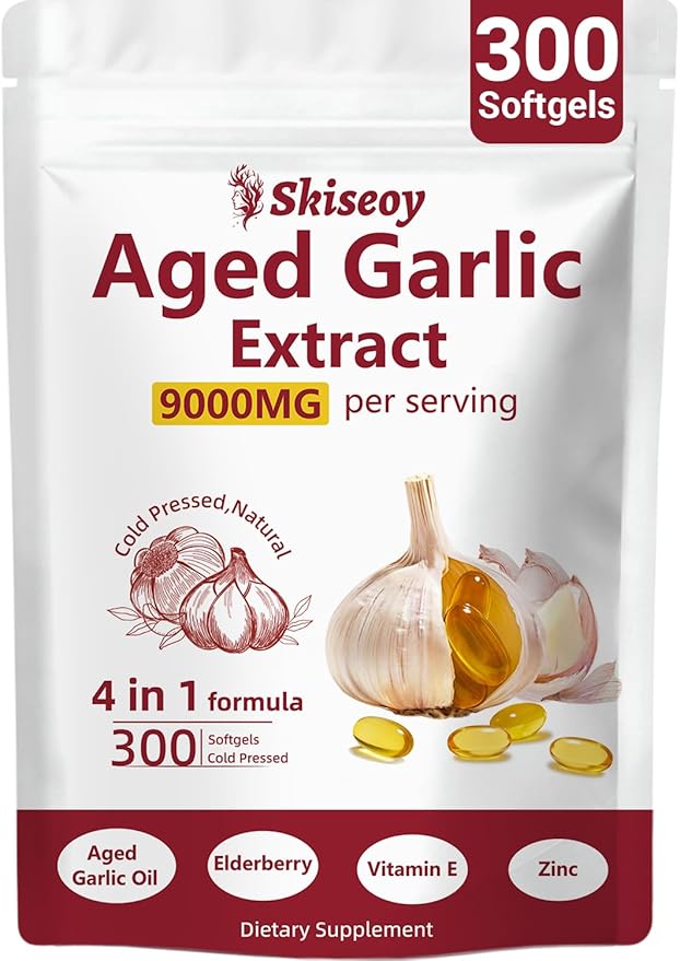 Aged Garlic Extract Capsules – 9000mg High Potency 2 Years Matured Odorless Garlic Supplements with Elderberry Vitamin E &amp Zinc for Heart &amp Immune Support Antioxidant Supplements 300 Softge