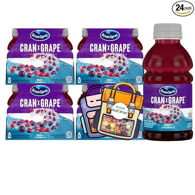 Ocean Spray Cran Grape Fruit Juice Drink 10 fl oz Plastic Bottles 24 Pack + 2 Reusable Snack Bags by KOOL8SHOP Infinite Deals