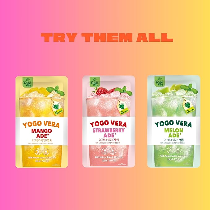 Yogo Vera Strawberry Ade Korean Drink Pouches – Authentic Korean Convenience Store Beverage with Sweet Strawberry Flavor Refreshing Juice Pouch (10 Pack)