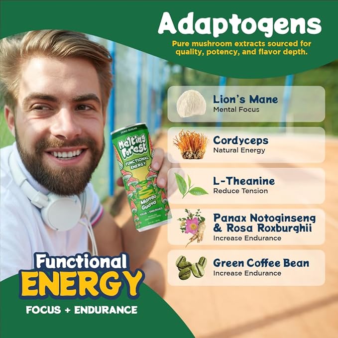 Melting Forest Mushroom Energy Drink L-Theanine Cordyceps &amp Lion's Mane 150mg of Caffeine Energy &amp Focus Cognitive Function &amp Mental Clarity Mango Guava (12 Pack)