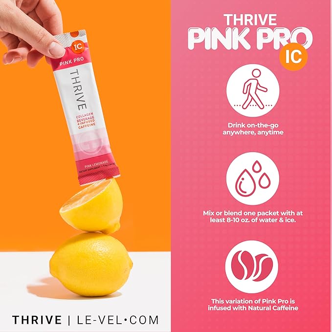 Thrive Premium Collagen Powder Drink - Pink Lemonade - Type I and III Collagen Hyaluronic Acid Biotin Vitamin C (16 Stick Packets Pink Lemonade Infused Caffeine)