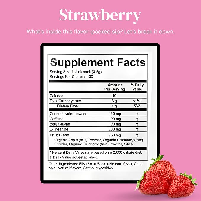 Support Sip with Caffeine and L-Theanine Blend - Healthy Drink Mix Powder Packets for Immune &amp Digestive Health - All Natural Ingredients No Added Sugar or Dyes - Strawberry Spark (30 Packs)