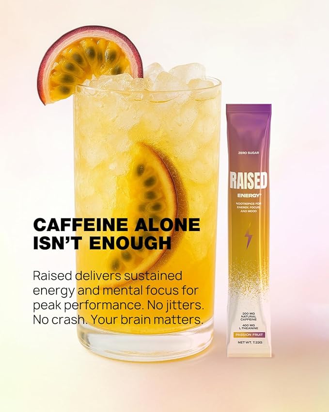 Raised Energy+ Nootropic Drink Mix | 200mg Natural Caffeine + L-Theanine | Zero Sugar | Clean Energy Powder for Focus Mood &amp Motivation | 15 Stick Packs | Passion Fruit Flavor
