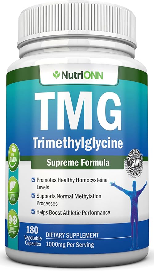 TMG Trimethylglycine Supplement - 1000mg - 180 Capsules - Premium Pure Betaine Anhydrous - Supports Normal Homocysteine &amp Blood Pressure Levels - Promotes Methylation Processes - Non-GMO Formula