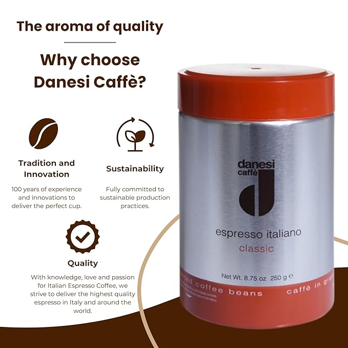 Danesi Caffe Italian Whole Coffee Beans - Espresso Coffee Beans and Medium Roast Whole Bean - Perfect for Espresso Machines French Press and Home Brewing - Classic (8.75 oz)
