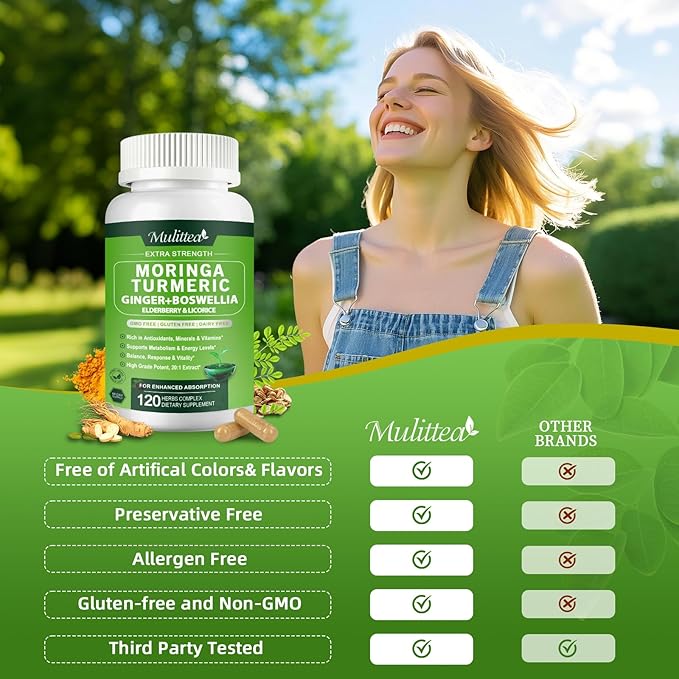 Moringa Capsules Organic 1000mg 7-in-1 Superfood with Turmeric Ginger Elderberry Licorice &amp Boswellia - Support Immune Skin Gut &amp Antioxidant-Non-GMO GMP 120 Vegan Capsules 2 Months S