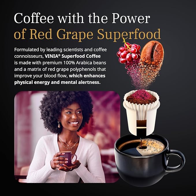 VINIA Medium Dark Roast Coffee with Red Grape Piceid Resveratrol Nitric Oxide for Heart Health Alertness Physical Energy &amp Blood Flow Circulation. 60ct K-Cup Pods