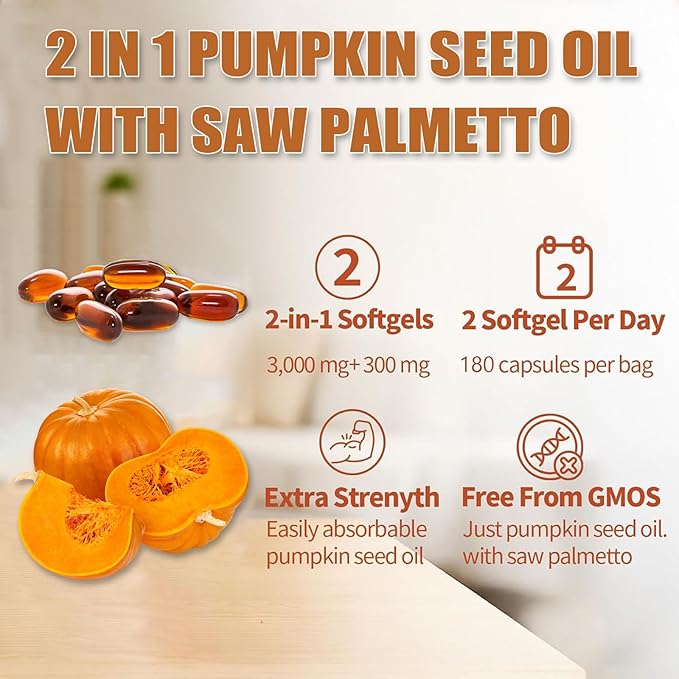 Ovela Pumpkin Seed Oil Capsules with Saw Palmetto Organic Pumpkin Seeds Oil Supplement for Hair Growth Heart Skin Elasticity Cold-Pressed | Non-GMO | Gluten Free | 180 Softgels (1)