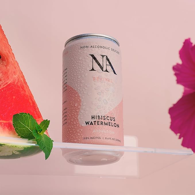 NA Functional Non-Alcoholic Drinks with Mushrooms &amp L-Theanine | Sea Salt for Hydration | Low Sugar Low Calorie Adaptogen Social Tonic Hibiscus Tea and Watermelon Mocktail 8.4oz Cans (12 Pack)