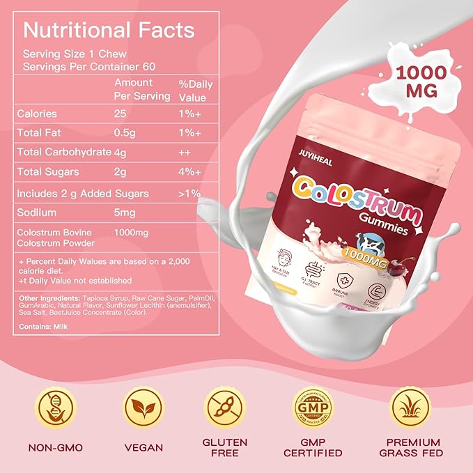 Colostrum Gummies 1000 mg Grass Fed Colostrum Chews Colostrum Supplement for Gut Health Hair Growth Beauty and Immune Support Cherry Flavor 60 Servings