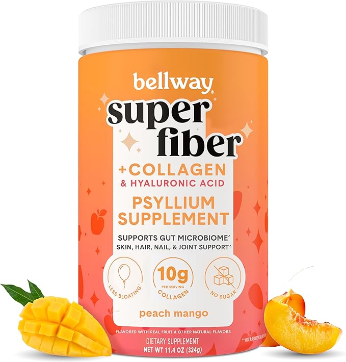 Bellway Super Fiber Powder + Collagen Sugar-Free Psyllium Husk Powder with Collagen Peptides and Hyaluronic Acid for Digestive Health Healthy Skin Nails Bones &amp Joints Peach Mango (20 Serving