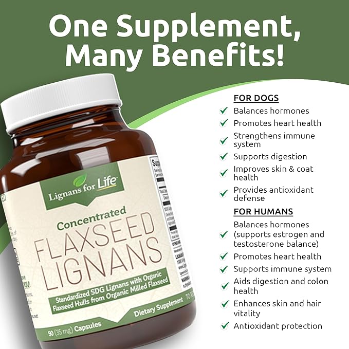 Lignans For Life Flaxseed Lignans for Dogs + SDG - Omega 3 Fatty Acids High Fiber Antioxidants Helps Improve Shiny Coat Digestive &amp Heart Health Lignans 35mg 90 Flaxseed Capsules 2 Pack