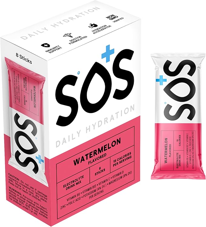 SOS Daily Electrolyte Stick Packets – Multi Pack | 24 Sticks | Rapid Hydration Powder with Electrolytes &amp Vitamins | Low Sugar Keto Friendly | 8 Mixed Berry | 8 Watermelon | 8 Rainbow Sherbert