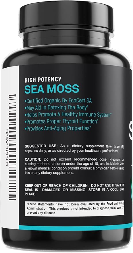 Certified Organic Sea Moss Capsules 2250mg Wildcrafted Irish Sea Moss Burdock Root Bladderwrack Supplement Raw Seamoss Pills &amp Powder (Pack of 1 at 180-Caps)