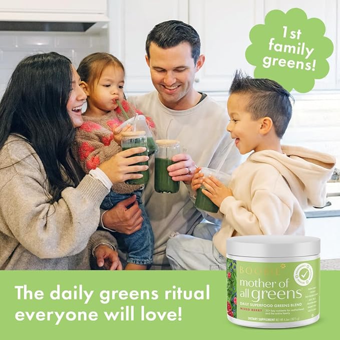 Boobie Mother of All Greens | Your New Family Ritual Daily Super Greens Powder with 35+ Essential Nutrients for Moms &amp Families | Vegan Gluten Free &amp Sugar Free | Mixed Berry Flavor 60 svg