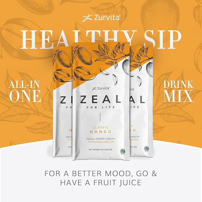 Zurvita - Zeal for Life Wellness Drink Mix - Classic Mango Flavor - Gluten-Free Vegan with Biotin Vitamins and Minerals for Health - 10 Packets