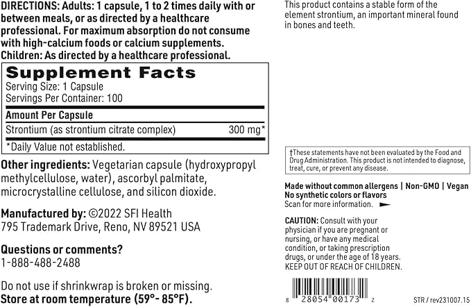 Klaire Labs SFI Health Strontium - Hypoallergenic 300 Milligrams Bioavailable Strontium Citrate for Bone &amp Tissue Support (100 Capsules)