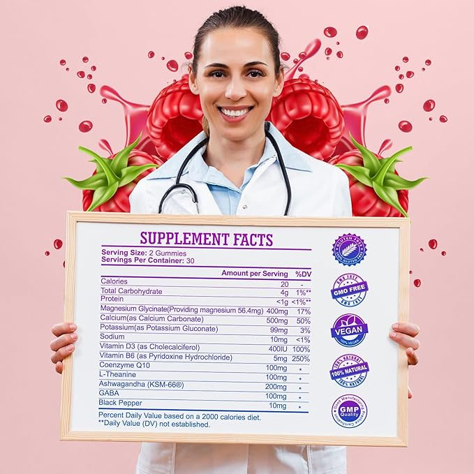 Magnesium Glycinate Gummies 400mg High Absorption Magnesium Gummies with L-Theanine Ashwagandha &amp GABA for Relaxation Stress Relief &amp Sleep Sugar Free Vegan 60 Raspberry