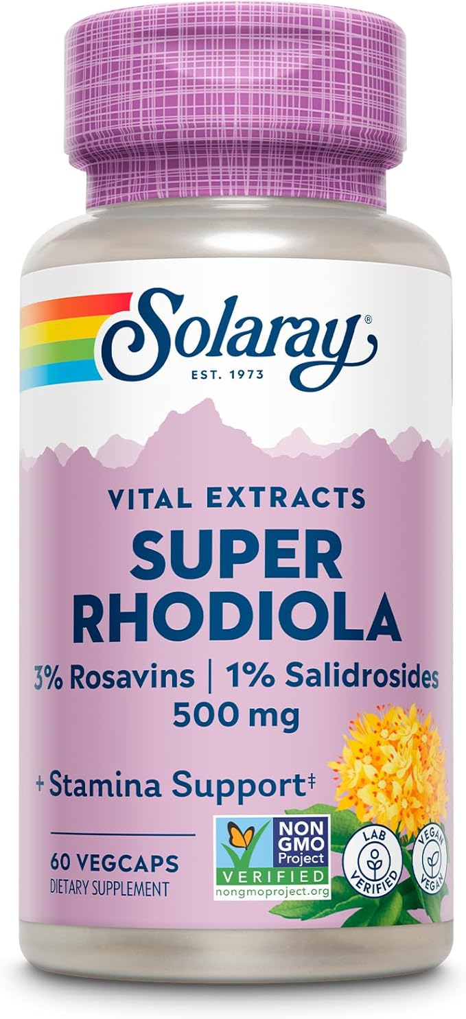 Solaray Super Rhodiola 500mg - Rhodiola Rosea Root Extract Supplement Adaptogenic Herb Support for Focus Stress and Energy Vegan Pills Non-GMO - 60 Vegetarian Capsules
