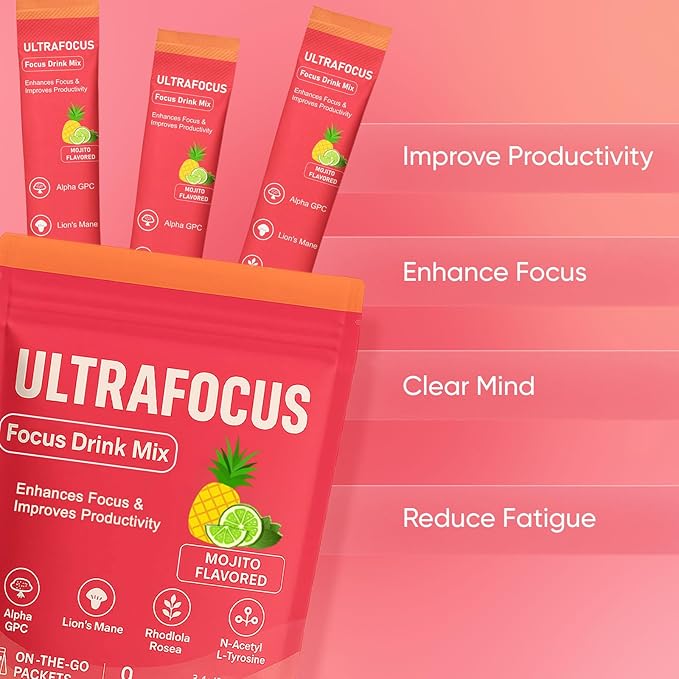 Ultrafocus Drink Mix - Mojito Flavor Ultrafocus Drink With L-Tyrosine Alpha-Gpc Lion's Mane &amp Rhodiola Enhance Focus &amp Motivation Improve Mental Clarity Sugar-Free (20 Packets) (1)