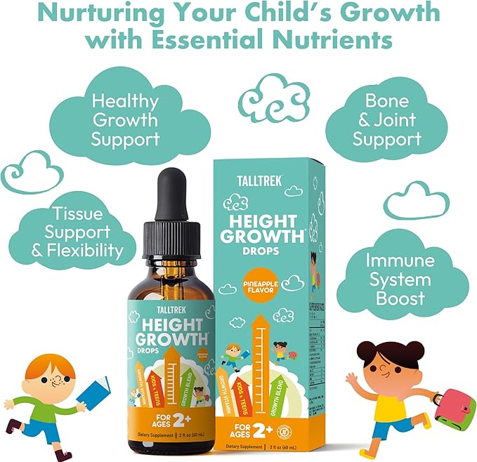 Height Growth Supplement Drops for Kids - Teens Bone Growth Height Increase and Maximizer Immune Health Drops with Vitamins D3 K2 Zinc &amp Calcium - Gluten Free Vegan Pineapple Flavor