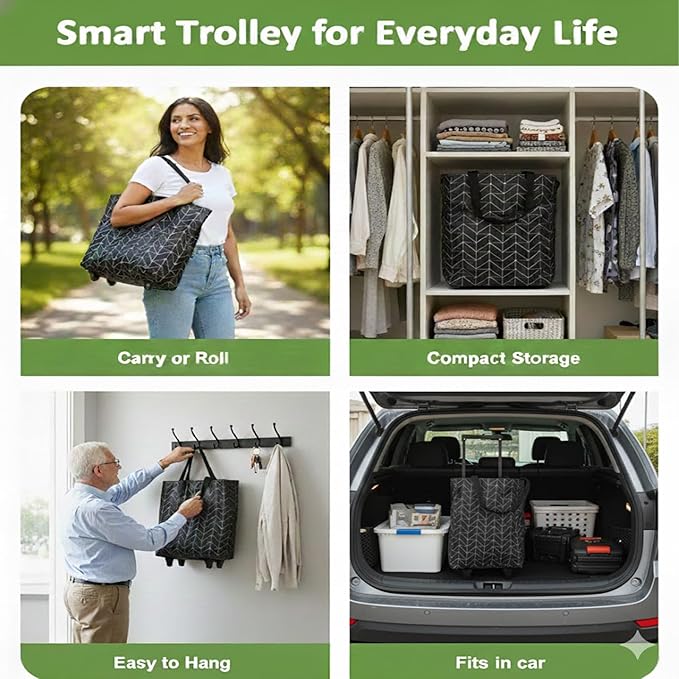 2-in-1 Foldable Shopping Bag with Wheels Foldable Shopping Cart with Telescopic Handle Reusable Eco-Friendly Shopping Bag for Women &amp Seniors(Green leaves)