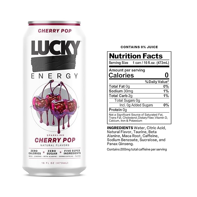 Lucky Energy Sugar Free Energy Drinks Cherry Pop 16oz Cans (12-Pack) Healthy Zero Sugar Energy Drink with Maca Ginseng Beta-Alanine Taurine &amp 200mg Caffeine