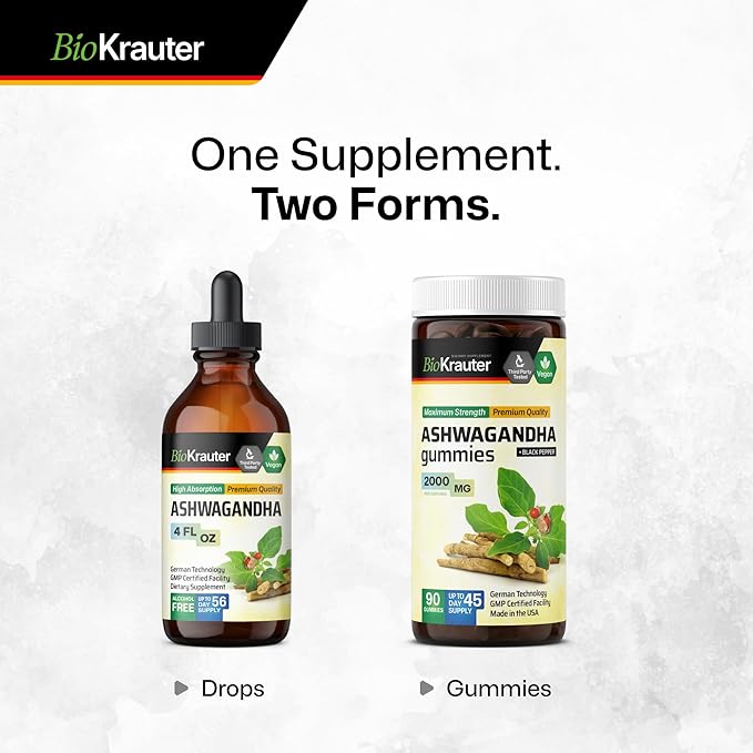 BIO KRAUTER® Ashwagandha Supplements - Liquid Drops Pure Vegan Ashwagandha for Women &amp Men 685 mg per Serving 4 Fl.Oz 56-Day Supply - Used for Mood Magic &amp Relaxation Support - Alcohol &amp S