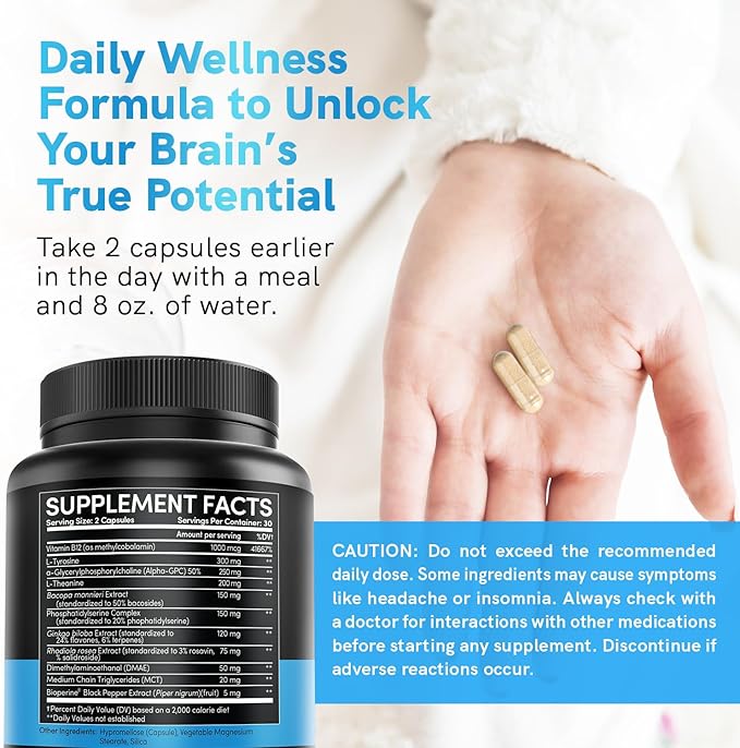 12-in-1 Nootropic Brain Supplement Anhydrous: Ginkgo Biloba for Brain Support Memory and Focus - B12 Alpha GPC L Theanine and Choline Supplements with Bioperine Non Caffeinated 1321mg (60ct)