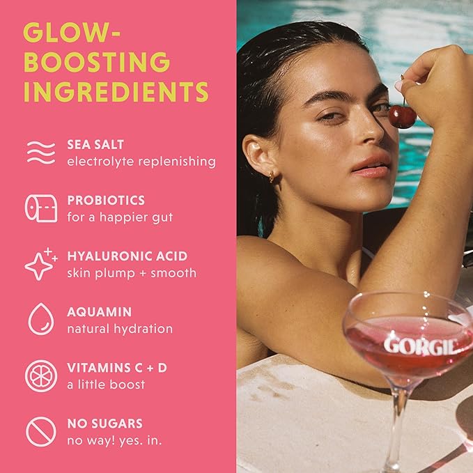 GORGIE Glow Variety Pack 15 Sticks Electrolyte Powder Healthy Drink Mix w/Hyaluronic Acid Aquamin Vitamin C &amp D Probiotics No Sugar Antioxidants for Hydration Skin Care and Gut Balance