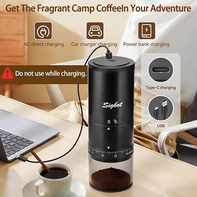 Portable Electric Coffee Grinder - 38 Grind Settings Conical Burr &amp Black Stainless Steel Body Rechargeable Mill for Espresso Moka Pot Turkish Ideal for Camping and Travel