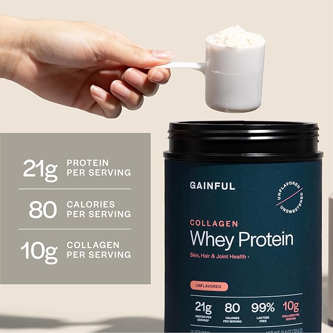 Gainful Collagen Whey Protein Powder 21g Protein per Serving Unflavored Supports Muscle Recovery Joint Health and Skin Hydration with Grass-Fed Collagen Peptides Vitamin C 14 Servings
