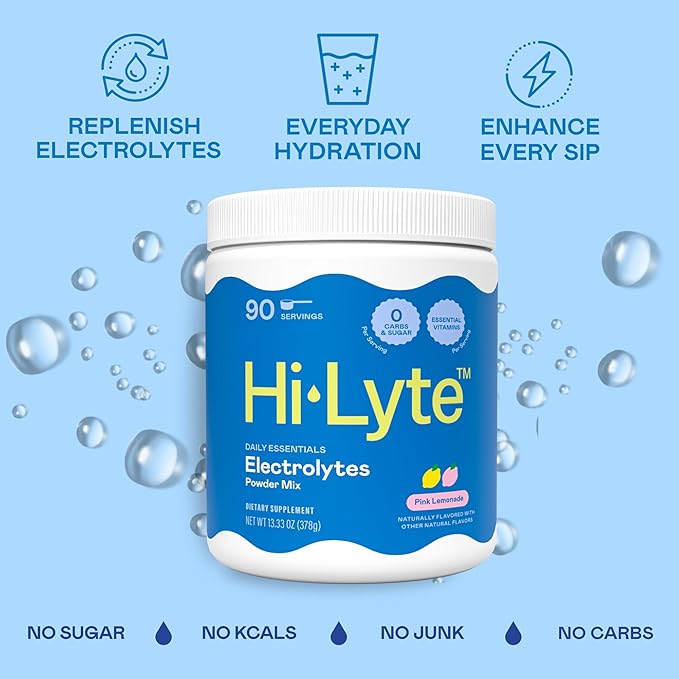 Hi-Lyte Electrolyte Powder Daily Hydration Supplement Drink Mix 90 Servings | Sugar-Free 0 Calories 0 Carbs | No Maltodextrin. Gluten-Free | Supports Keto | Light Refreshing Flavor (Pink Lemonade)