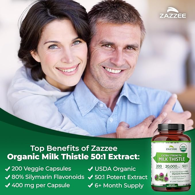 Zazzee USDA Organic Milk Thistle 50:1 Extract 80% Silymarin Flavonoids 200 Vegan Capsules 6+ Month Supply Silybum Marianum Liver Support &amp Detox Support Organic All-Natural Non-GMO Made in