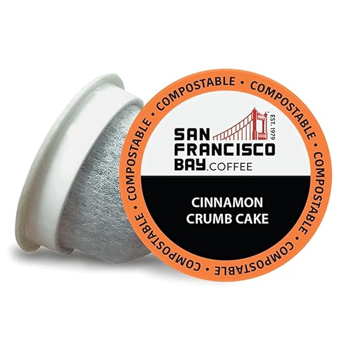 San Francisco Bay Coffee - Flavored Medium Roast - Cinnamon Crumb Cake (80 Ct) - Single Serve Coffee Pods Commercially Compostable K Cup Compatible