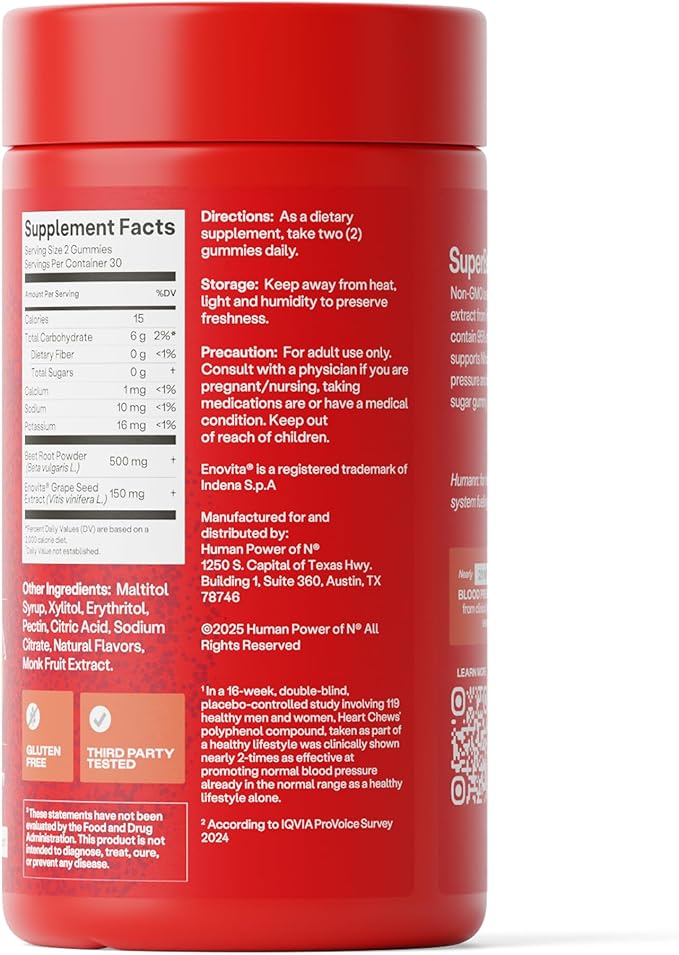 Humann SuperBeets Heart Gummies - Beet Gummy with Heart-Healthy Energy Support Grape Seed Extract &amp Beetroot Powder Zero Sugar - Strawberry Flavor 120 Count
