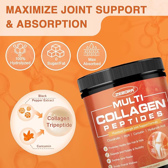 ZEBORA Multi-Collagen-Peptides-Powder with MSM &amp CS Type I II III V X Hydrolyzed Collagen Peptides with Hyaluronic Acid &amp Vitamin C for Women and Men Hair Skin Nails &amp Joint Non-GMO 3