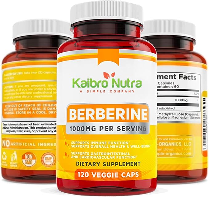Kaibro Nutra Berberine Supplement 1000mg Berberine HCL for Immune System Glucose Support Circulatory &amp Gastrointestinal Health Vegan &amp Gluten-Free 120 Capsules