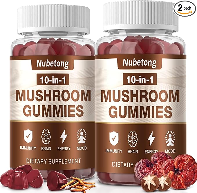 Mushroom Gummies - 10x Mushroom Supplement for Adults with Lion's Mane Reishi Chaga and Turkey Tail - Brain Booster Immune Support Stress Relief and Focus Support (2 Pack)