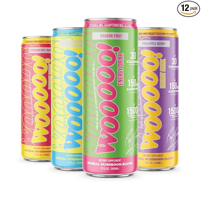Wooooo! Energy Ric Flair Sparkling Adaptogenic Mushroom Energy Drink | Natural Antioxidants &amp Nootropics | Lion’s Mane &amp Cordyceps | 150mg Caffeine | 12 Pack (Variety Pack)