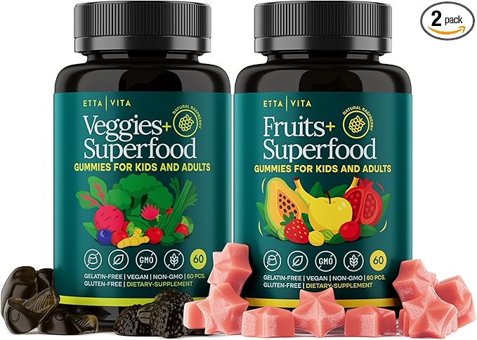 (120 Chews) Fruits and Veggies Supplement - Super Greens Gummies (9 Superfruits &amp 30 Veggies) Mushrooms Fruit and Vegetable Vitamins Non-GMO Pectin-Based Gluten-Free No Capsules