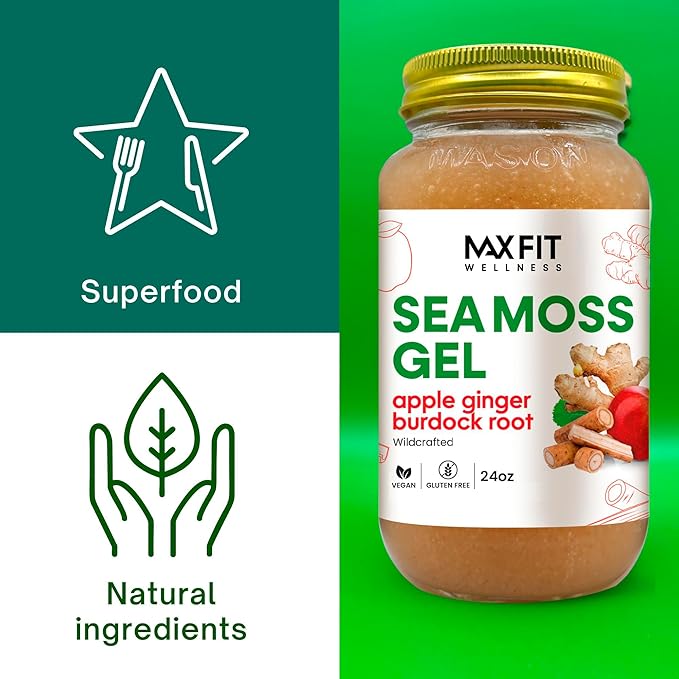 Sea Moss Gel Apple Ginger Burdock (25 Flavors) 24oz Wildсrafted Gold Sea Moss Gel from Saint Lucia | 92 Vitamins and Minerals | Pure Raw+Non-GMO