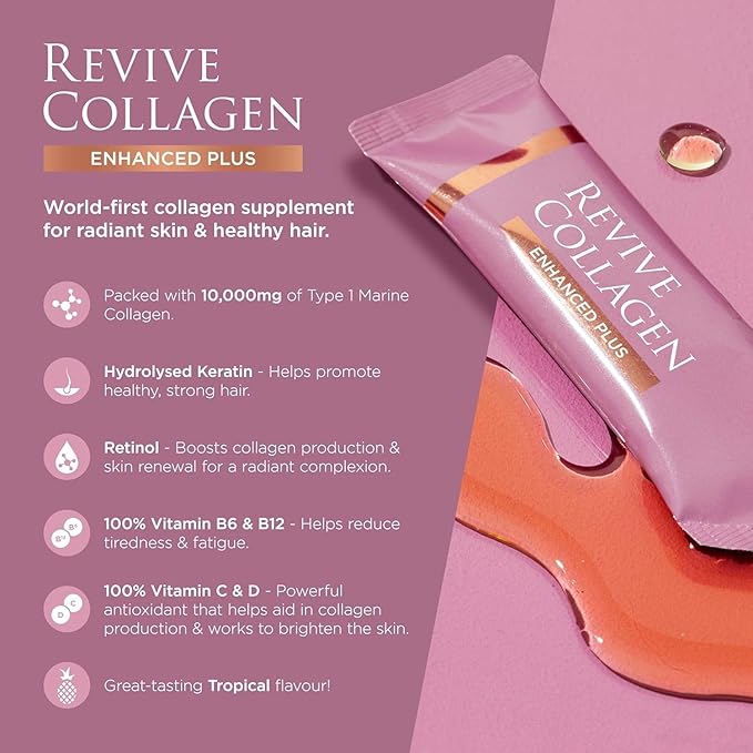 Revive Collagen Enhanced Plus Premium Liquid Marine Collagen Drink Supplement – 22 Fluid Ounces Tropical Flavor 10000mg of Collagen per Shot 14 Servings Liquid Collagen for Women and Men