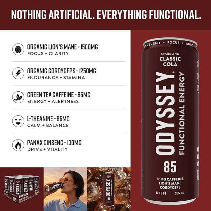 Odyssey Functional Energy Drink for Focus Cognition &amp Mood Support 12 Pack - Adaptogenic Drink with 85mg Green Tea Caffeine Lion’s Mane Cordyceps L-Theanine &amp Ginseng Sparkling Cola