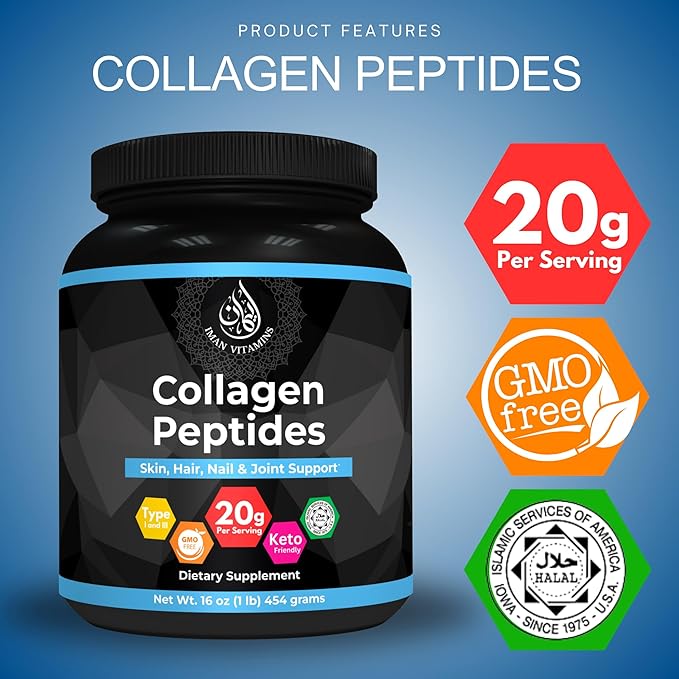 Halal Collagen Peptides Powder 1 lb Non-GMO Keto Friendly 18g Protein Skin Hair Nail and Joint Support 20 Grams of Collagen Per Serving 16oz