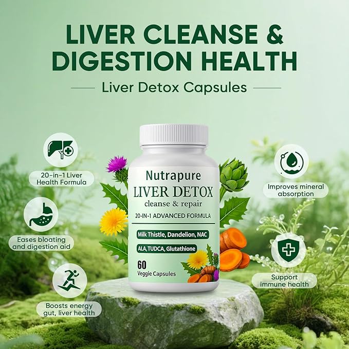 Nutrapure Liver Detox Capsules 20-in-1 Milk Thistle Liver Detox Supplement with Dandelion Root Turmeric Artichoke Leaf &amp More Non-GMO 60 Vegetarian Capsules (1)