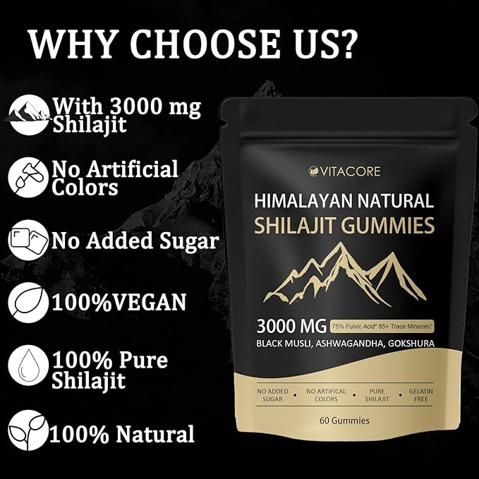 vitacoreHimalayan Shilajit Gummies for Men &amp Women - Pure Gold Energy Boost 85+ Trace Minerals &amp Fulvic Acid Gluten-Free 60 Gummies