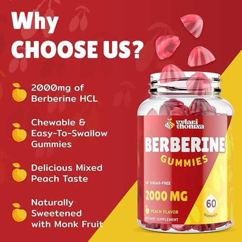 2000mg Berberine Supplement Gummies – High Potency Wellness Blend with Ceylon Cinnamon Turmeric Magnesium &amp Chromium Vegan Non-GMO Gluten-Free Peach Flavor 60 Gummies - 1 Pack