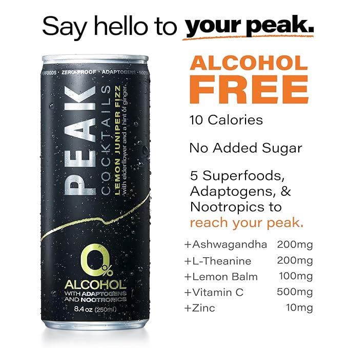 Peak Cocktails Non-Alcoholic Cocktail | Adaptogens Nootropics Superfoods for Recovery Calm Sleep | Ashwagandha Tart Cherry L-Theanine | Mixologist-crafted | Lemon Juniper Fizz | 8.4 oz 12-Pack