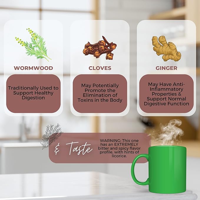 Gut Clean and Restore (Internal Cleanse) Loose Leaf Tea w/ Wormwood Cloves Ginger | Organic Herbal Tea | 2 oz (57 gram) | Decaf Vegan Healthy ZERO Caffeine Organic Herbs No Natural or Artifici